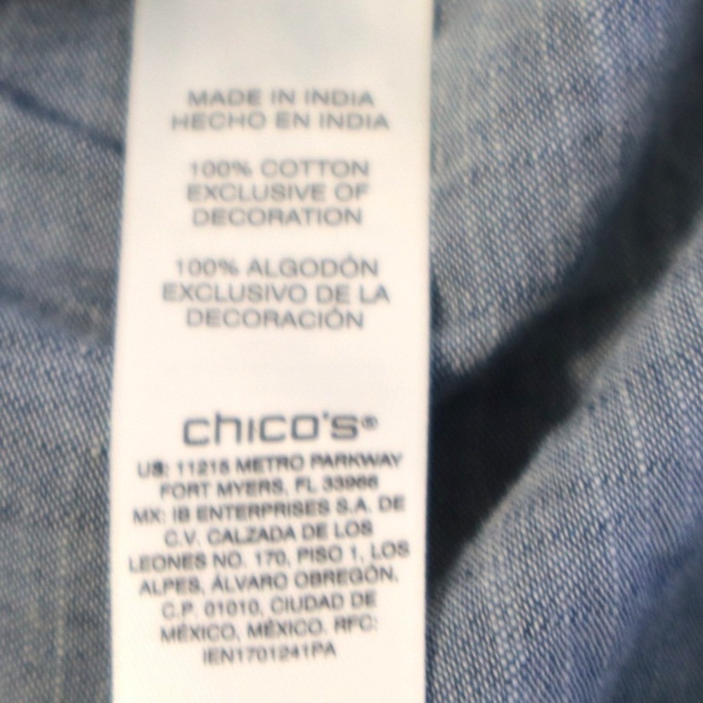 Embroidered Chambray Boho Floral Peasant Blouse Chicos Size 3 - Picture 8 of 8